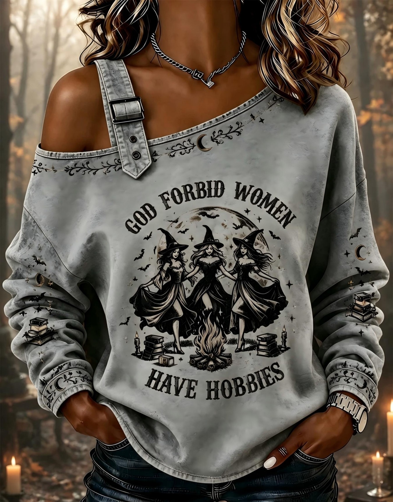 Witch Ritual Print Crewneck Long-Sleeve Lace-Up Sweatshirt