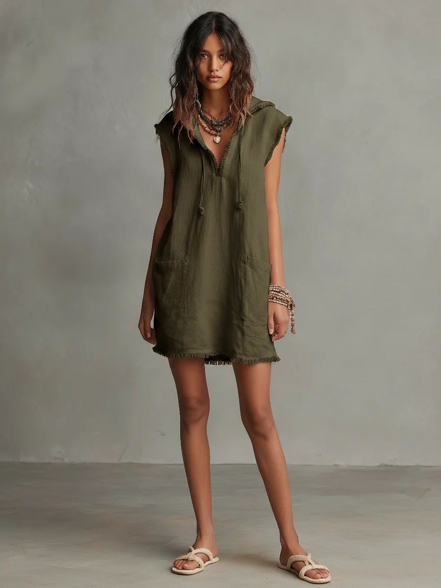 Women's V-Neck Linen Blend Mini Dress with Hood Sleeveless Raw Hem