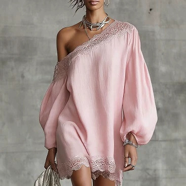 Women's Summer One-Shoulder Lace Trim Short Sleeve Casual Dress