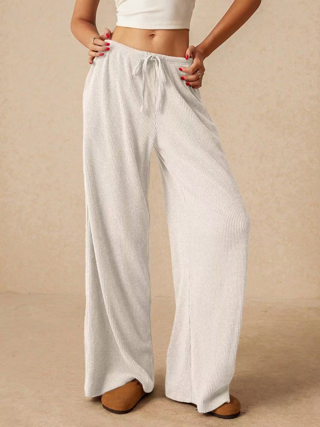Women's High-Waist Wide-Leg Floor-Length Pants Solid Color Breathable