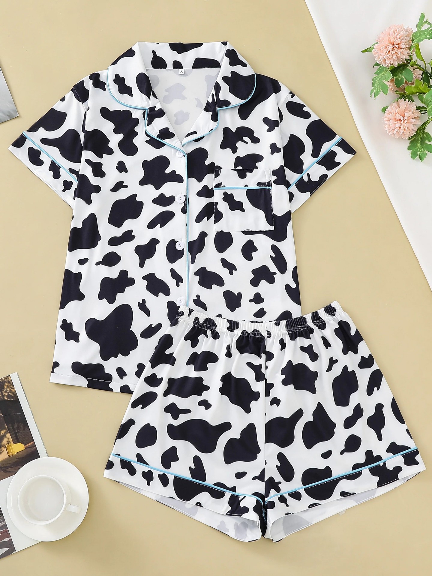 Women's Cuban Collar Polka Dot Short Sleeve Shirt Set Casual Loungewear