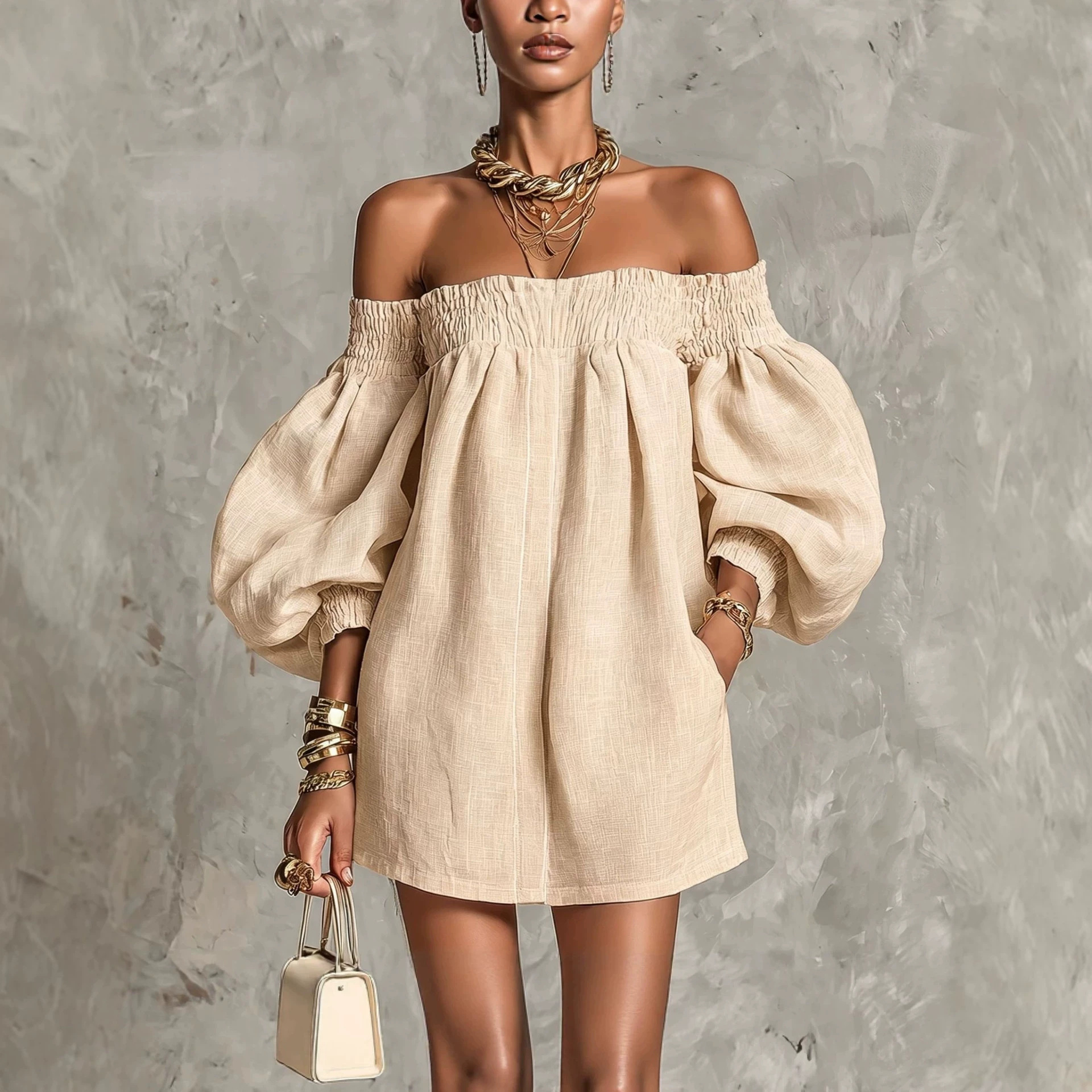 Off-Shoulder Lantern Sleeve A-Line Mini Dress