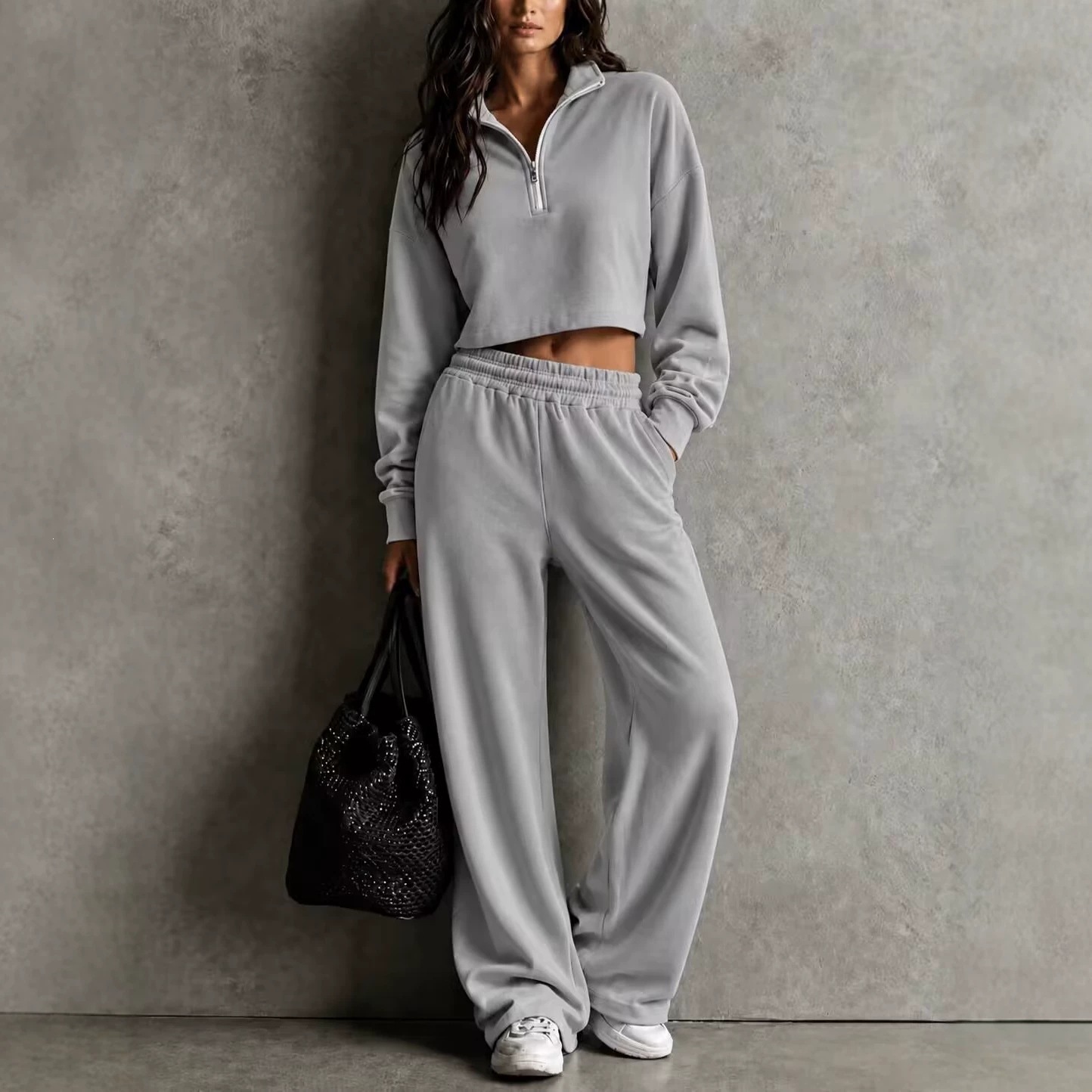 2026 Women's Fall/Winter New Half-Zip Loose Top Wide-Leg Pants Set Casual Sporty Two-Piece