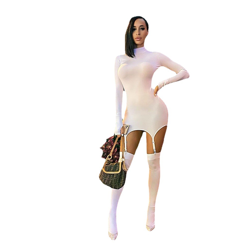 Sexy Solid Color Long Sleeve Bodycon Dress with Garter Strap Two-Piece Set