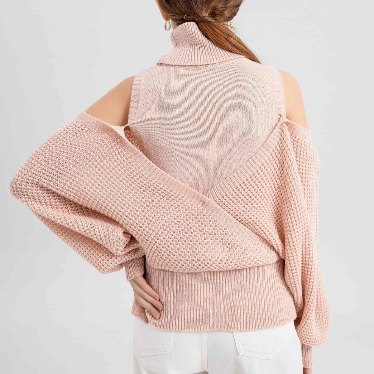 Women's Off-Shoulder Turtleneck Sweater Solid Color Double-Layer Knit Long Sleeve