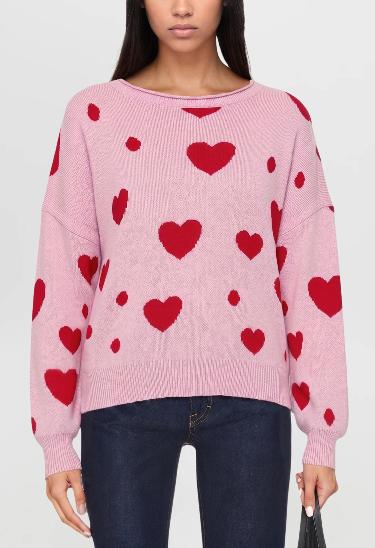 Heart Pattern Knit Sweater Women's Pullover Loose Fit Crew Neck Long Sleeve
