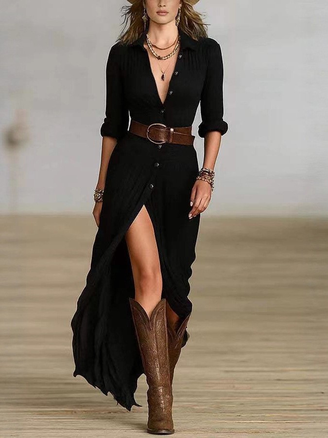 Women's Solid Color Asymmetric Ruched Dress with Belt