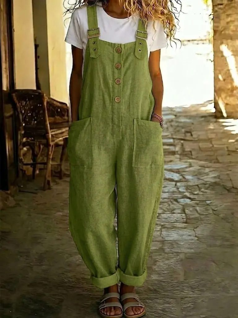 Women's Cotton-Linen Solid Color Vintage Straight-Leg Overalls with Pockets