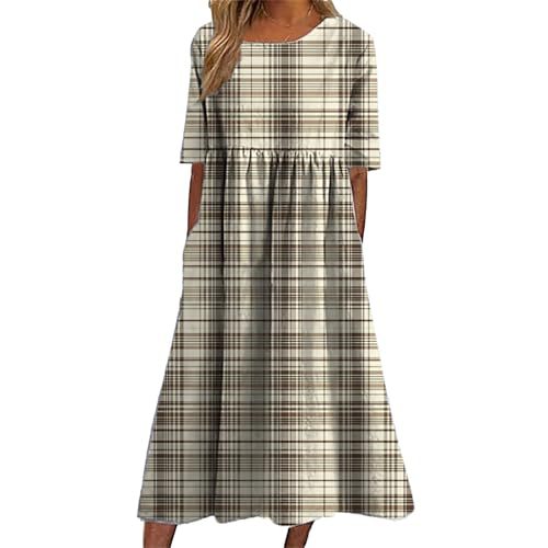 Women's Plaid Color-Block Floral Midi Dress with Pleated Details