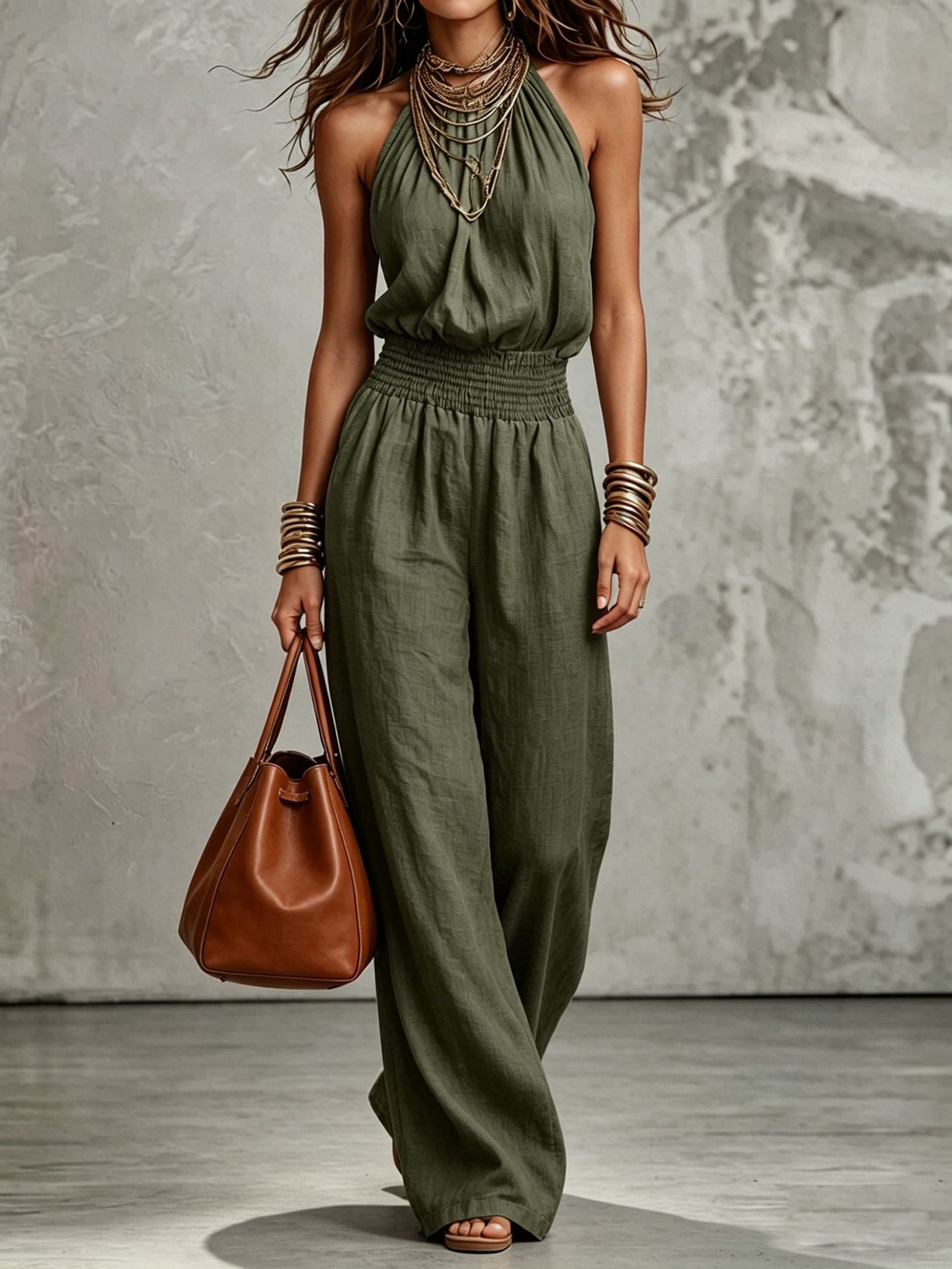 Women's Sleeveless Open-Back Tie-Waist Halter Wide-Leg Jumpsuit