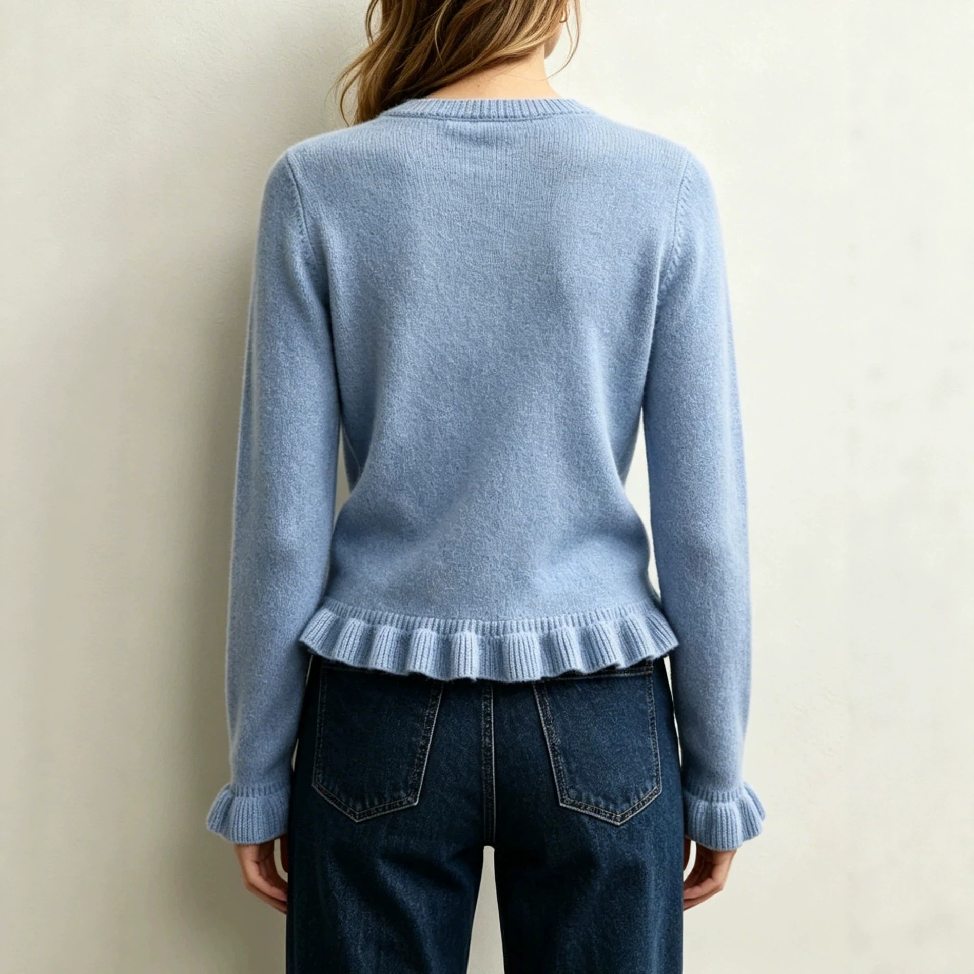 Women's Solid Crewneck Long Sleeve Pullover Knit Sweater with Ruffle Trim