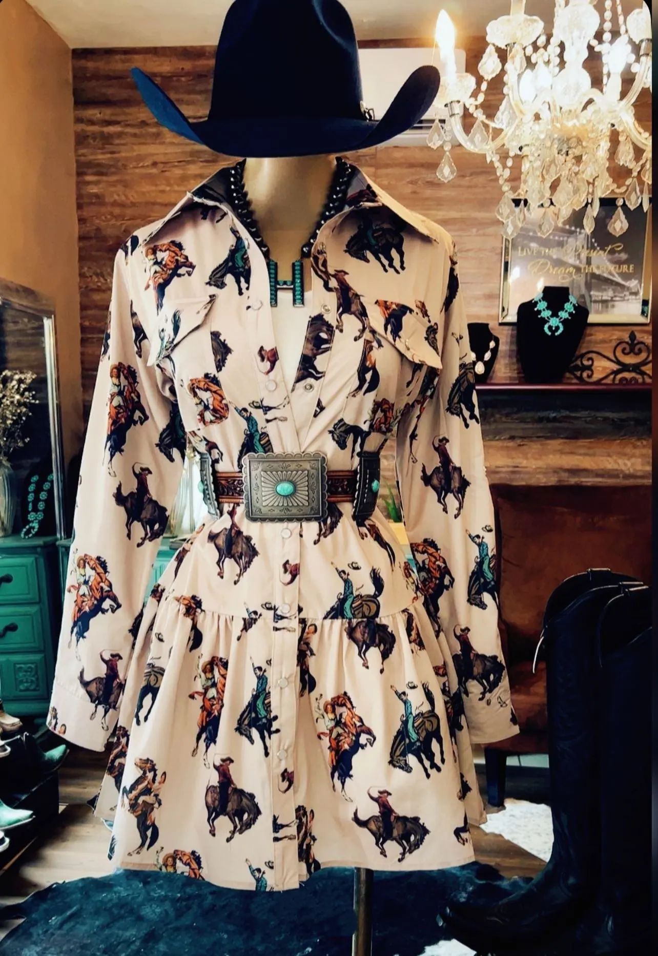 Western Cowboy Print Long Sleeve Shirt Dress with Waist Tie and Ruffle Hem