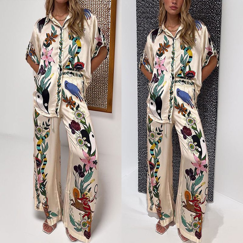 Women's Printed Collared Button-Front Shirt and Pants Casual Set