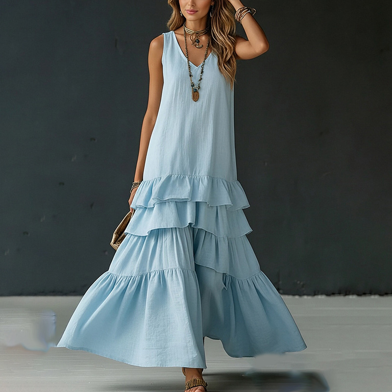 Women's Casual Loose Solid Sleeveless V-Neck A-Line Midi Dress