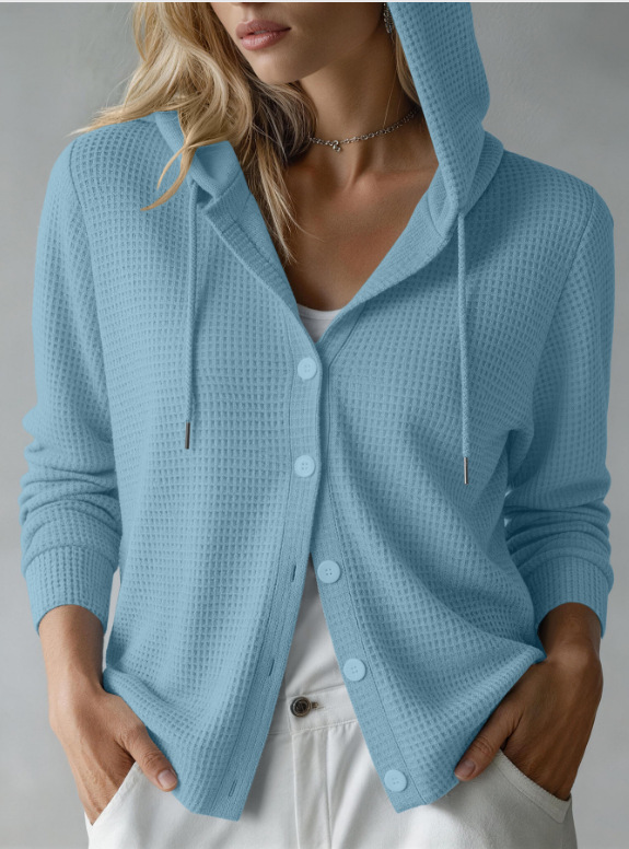 Waffle Knit Hooded Button-Front Cardigan