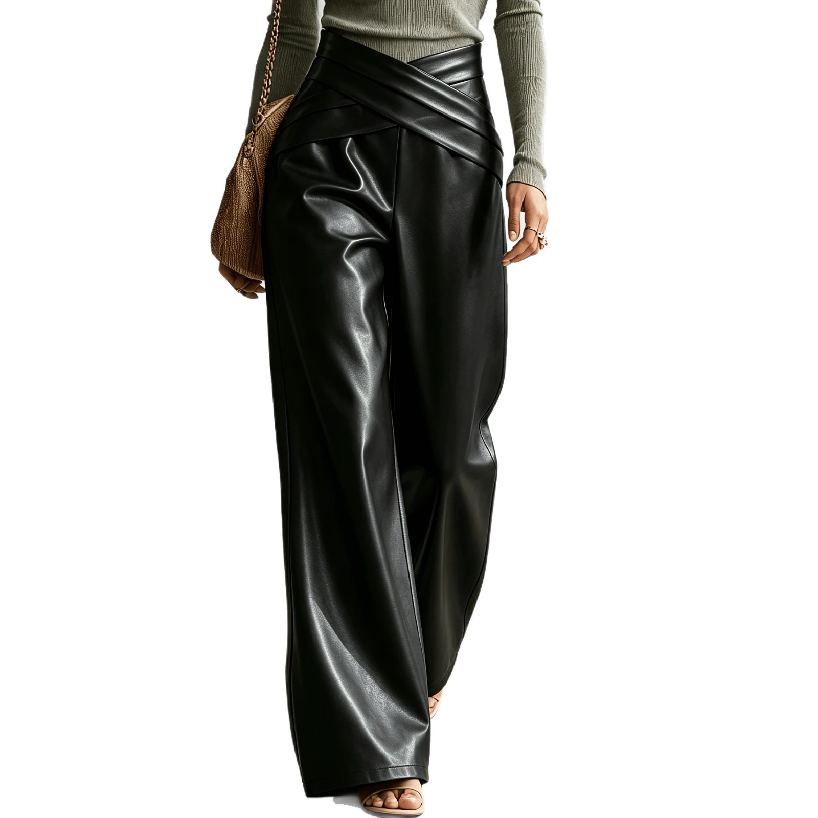 Cross-Wrap High-Waist Faux Leather Wide-Leg Palazzo Pants
