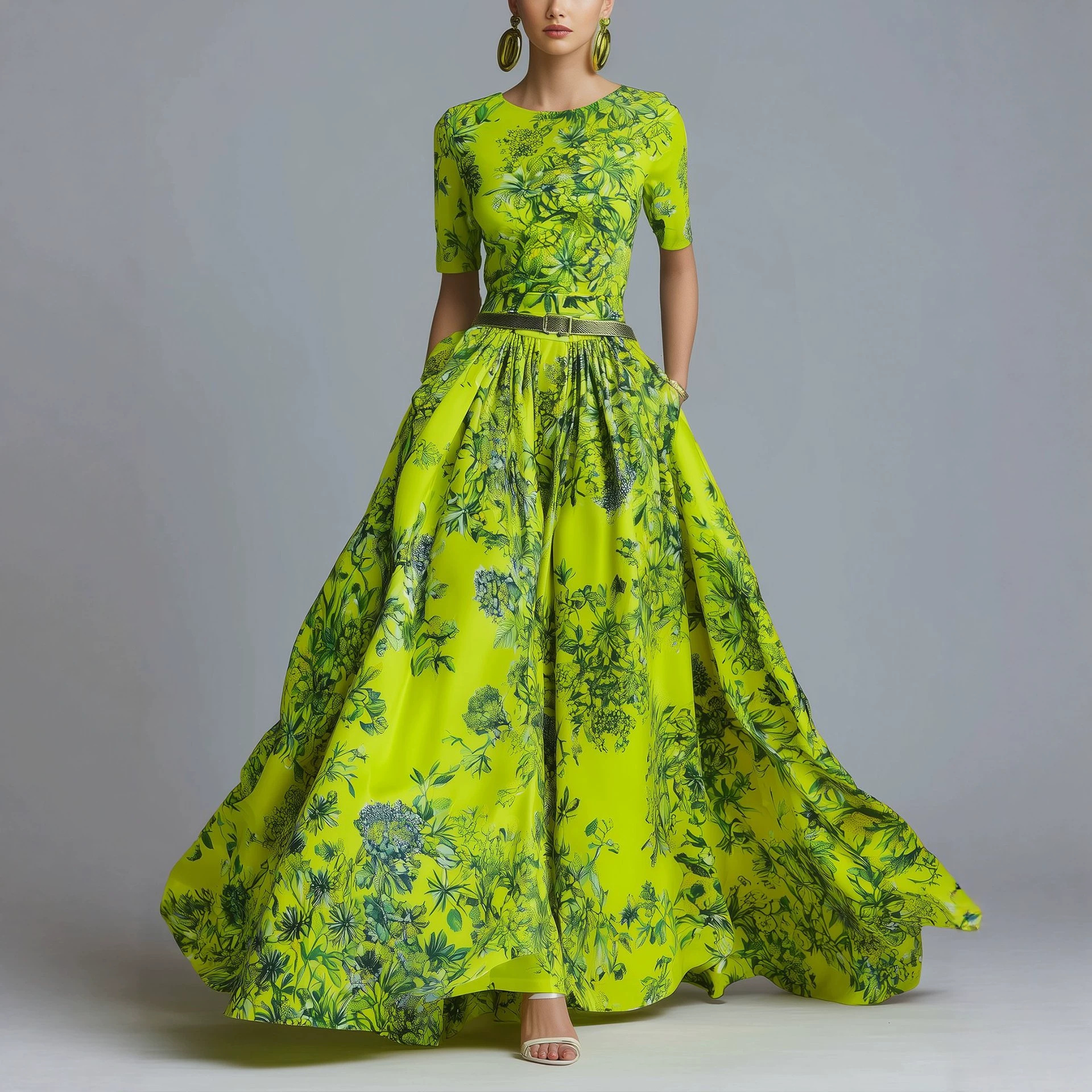 Women's Elegant Floral Print Maxi Dress with Belt