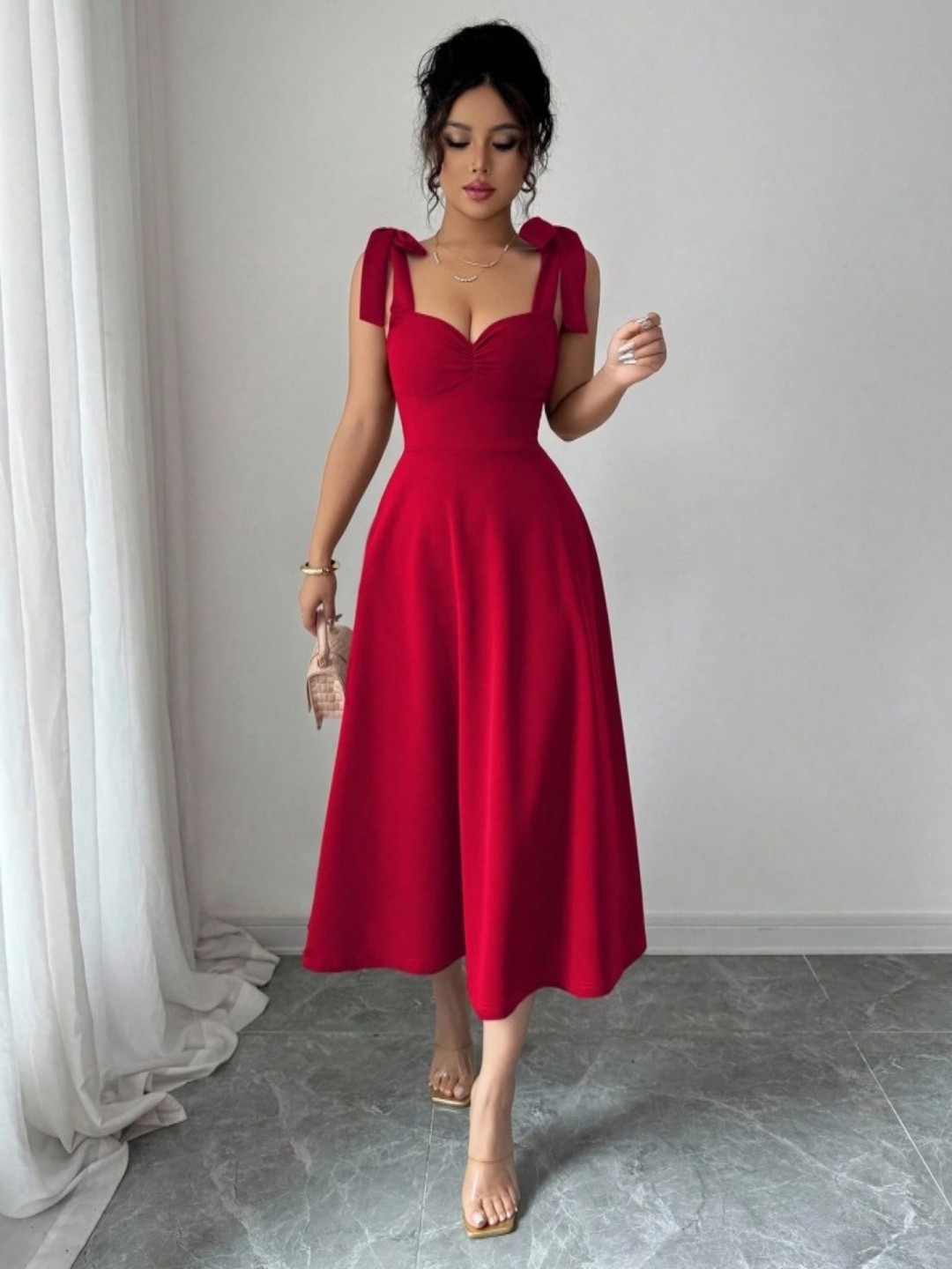 Solid Color Sleeveless Midi Dress with Waist-Cinching A-Line Silhouette