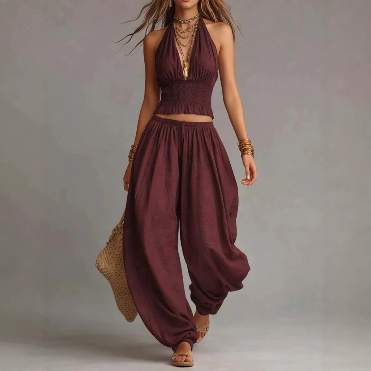 Sleeveless Halter Open-Back Top and Wide-Leg Pants Two-Piece Set