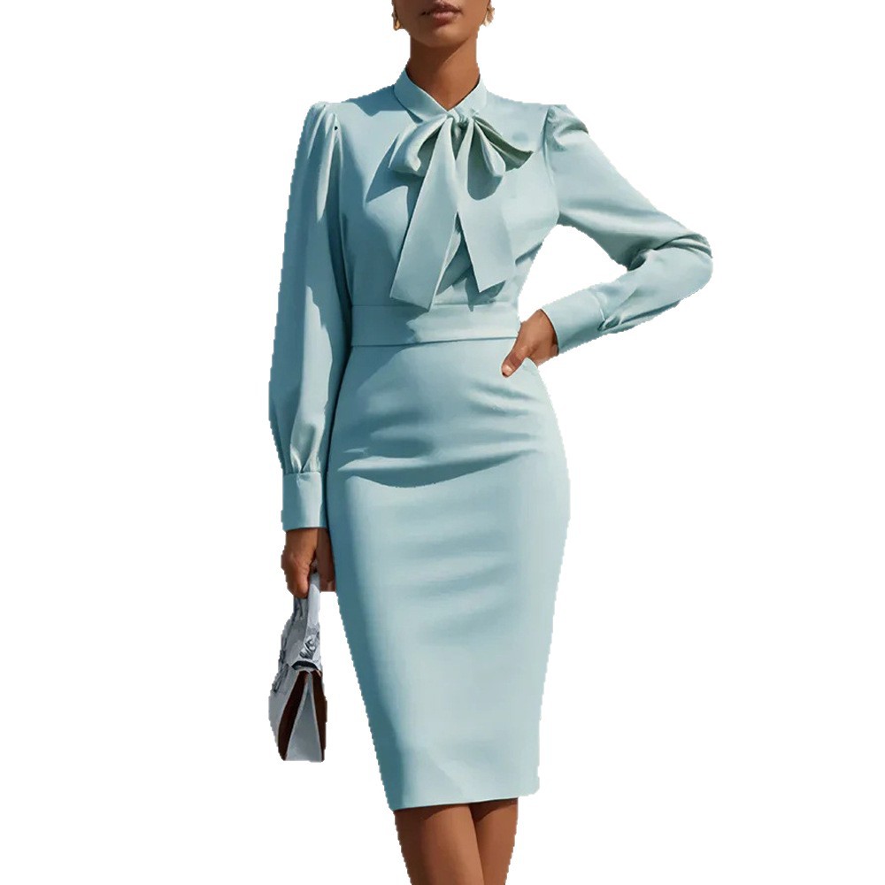 Women's Solid Tie-Neck Long Sleeve Midi Dress