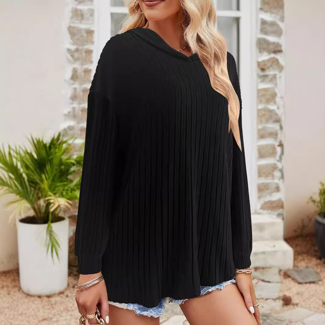 Women's Loose Solid Color Long Sleeve Ribbed Hooded Sweatshirt