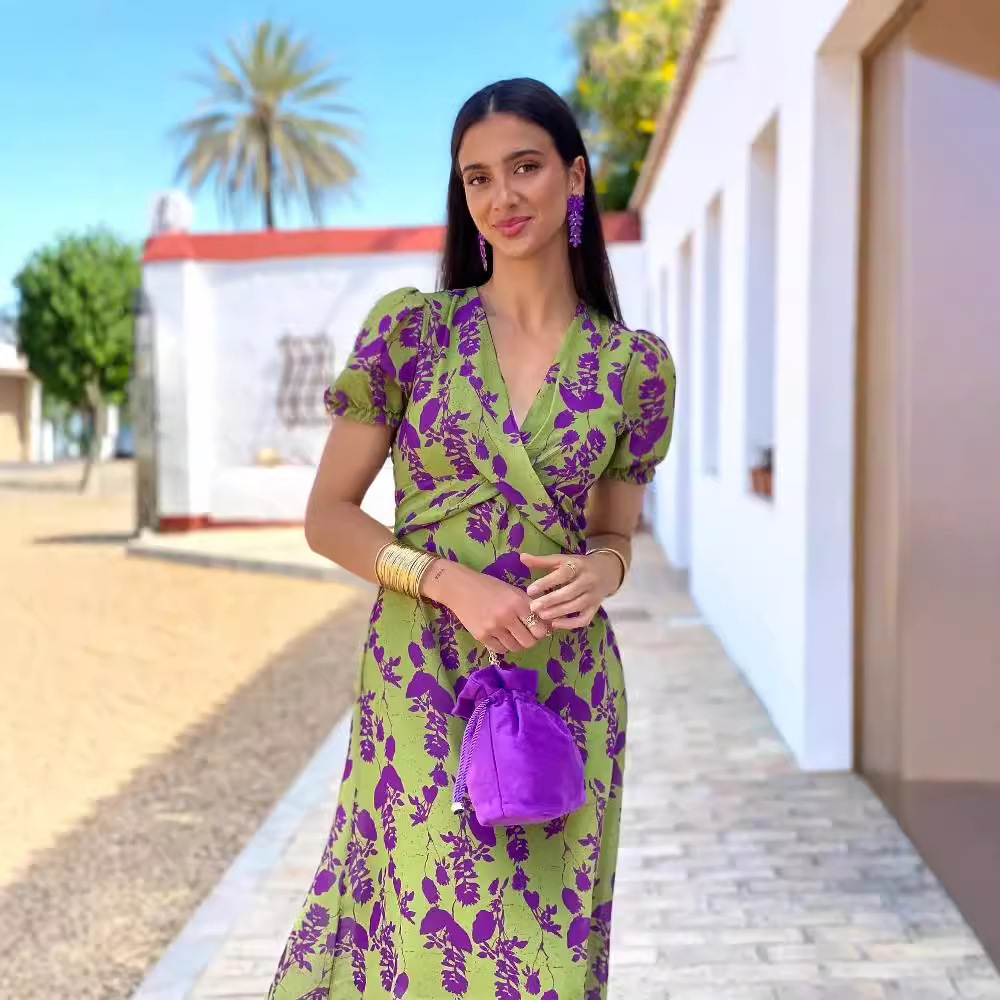 Women's Pleated Floral Print V-Neck Short Sleeve Midi Dress
