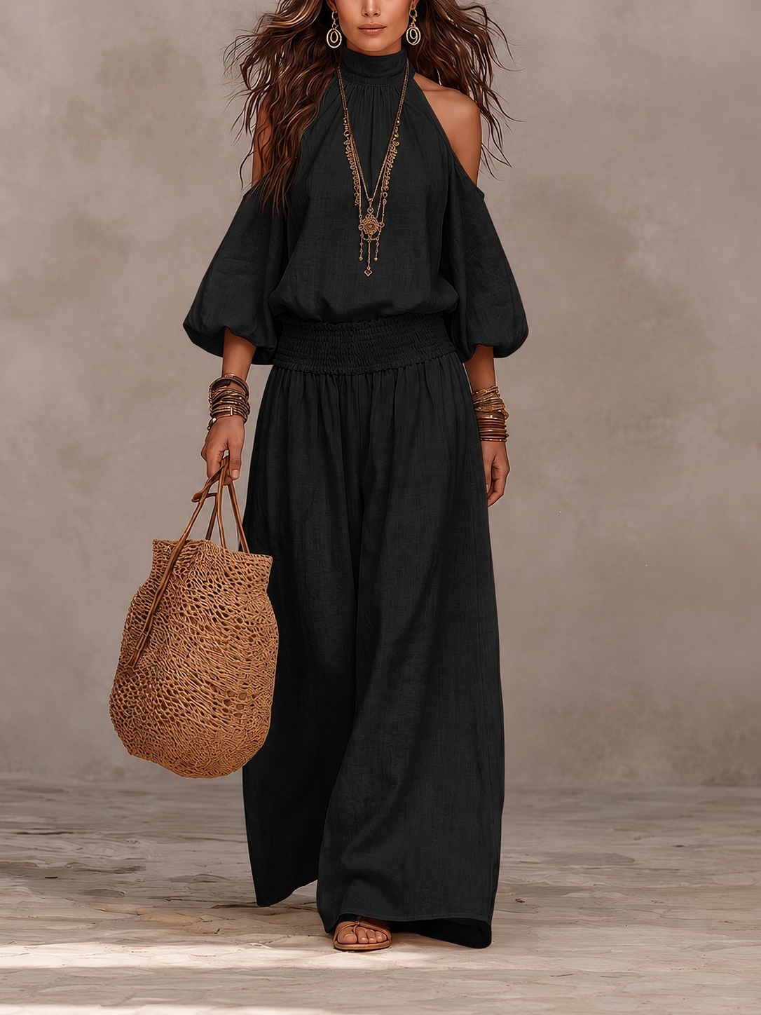 Women's Loose Long Sleeve Cutout Lantern Sleeve Two-Piece Set