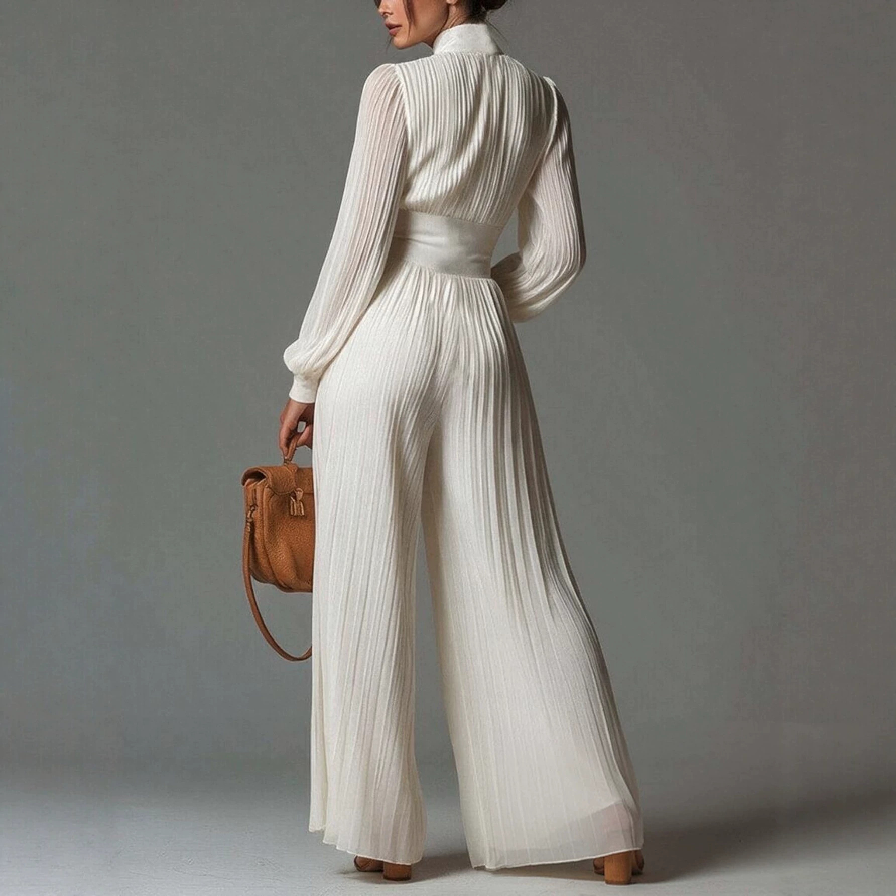 Pleated Halter Neck Long Sleeve Wide Leg Jumpsuit