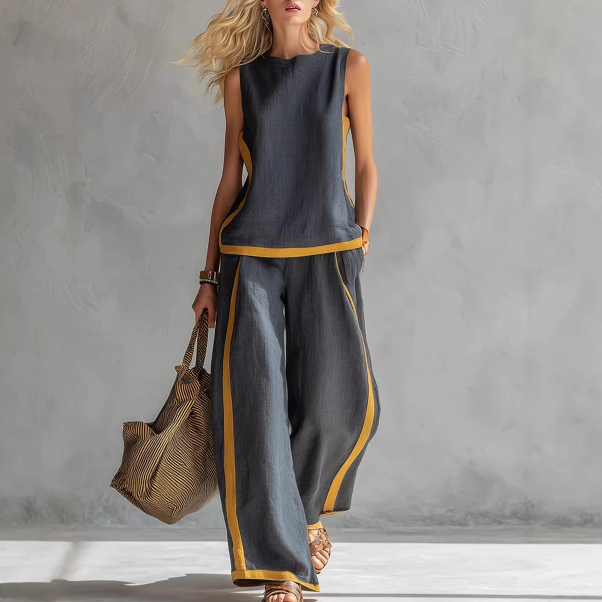 Women's Sleeveless Colorblock Wide-Leg Pant Set Casual Two-Piece
