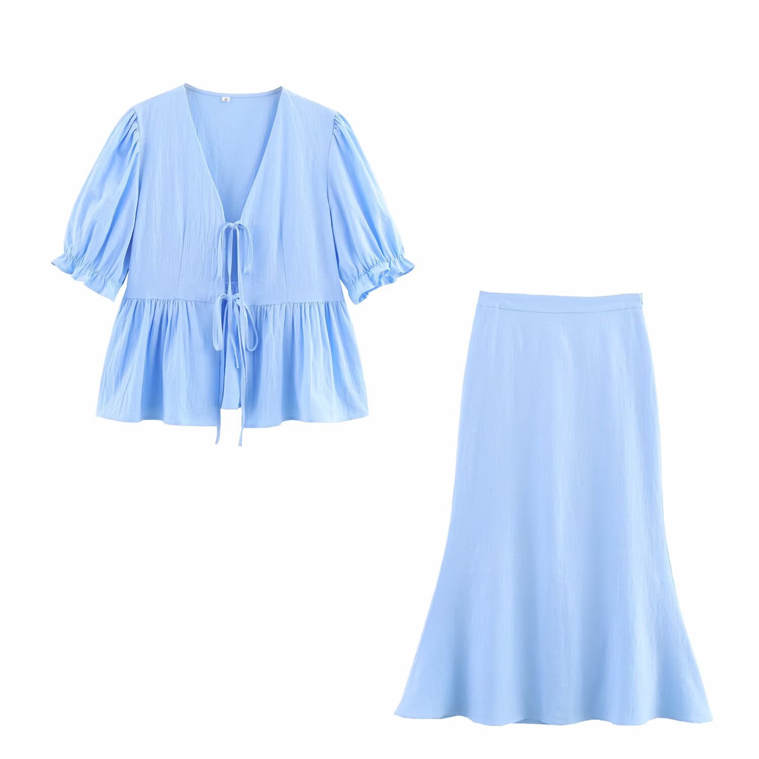 Puff Sleeve V-Neck Tie Top and Skirt Set