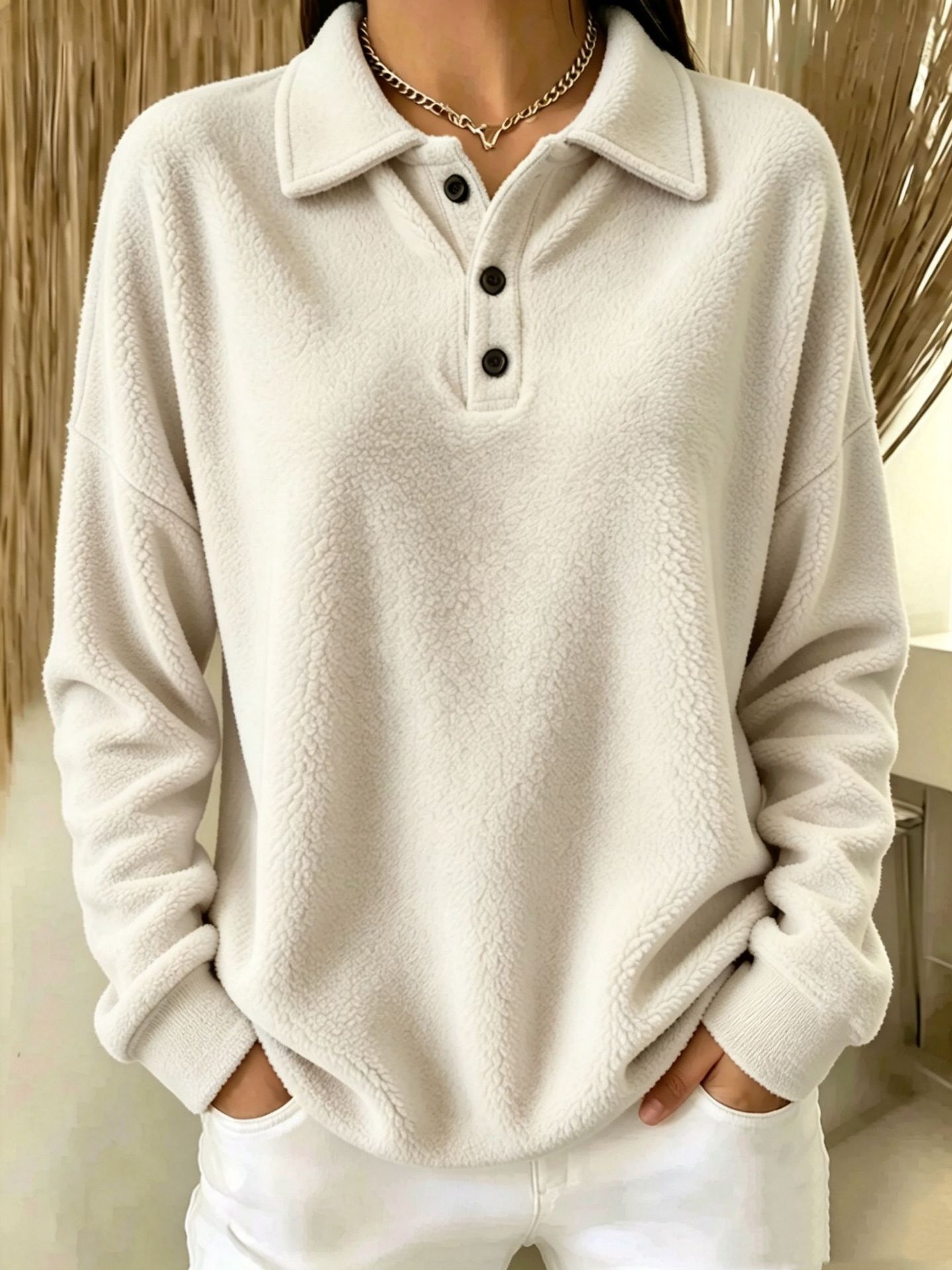 Fleece Buttoned Collar Long Sleeve Pullover Sweatshirt for Women