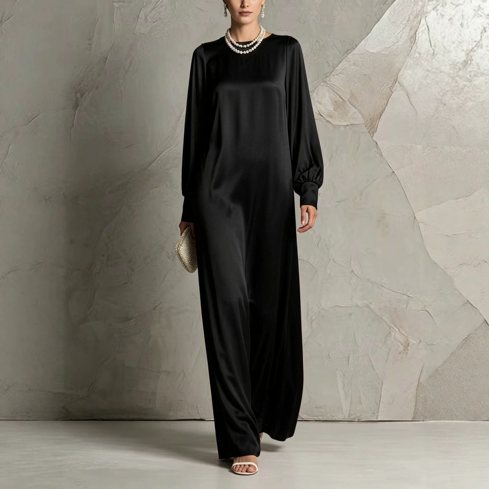 Solid Silk-Feel Lantern Sleeve Maxi Dress with Round Neck and Flowing Oversized Skirt