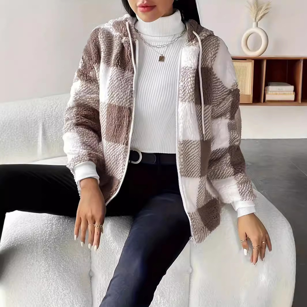 Plaid Hooded Zip Cardigan Faux Fur Loose Long Sleeve Jacket