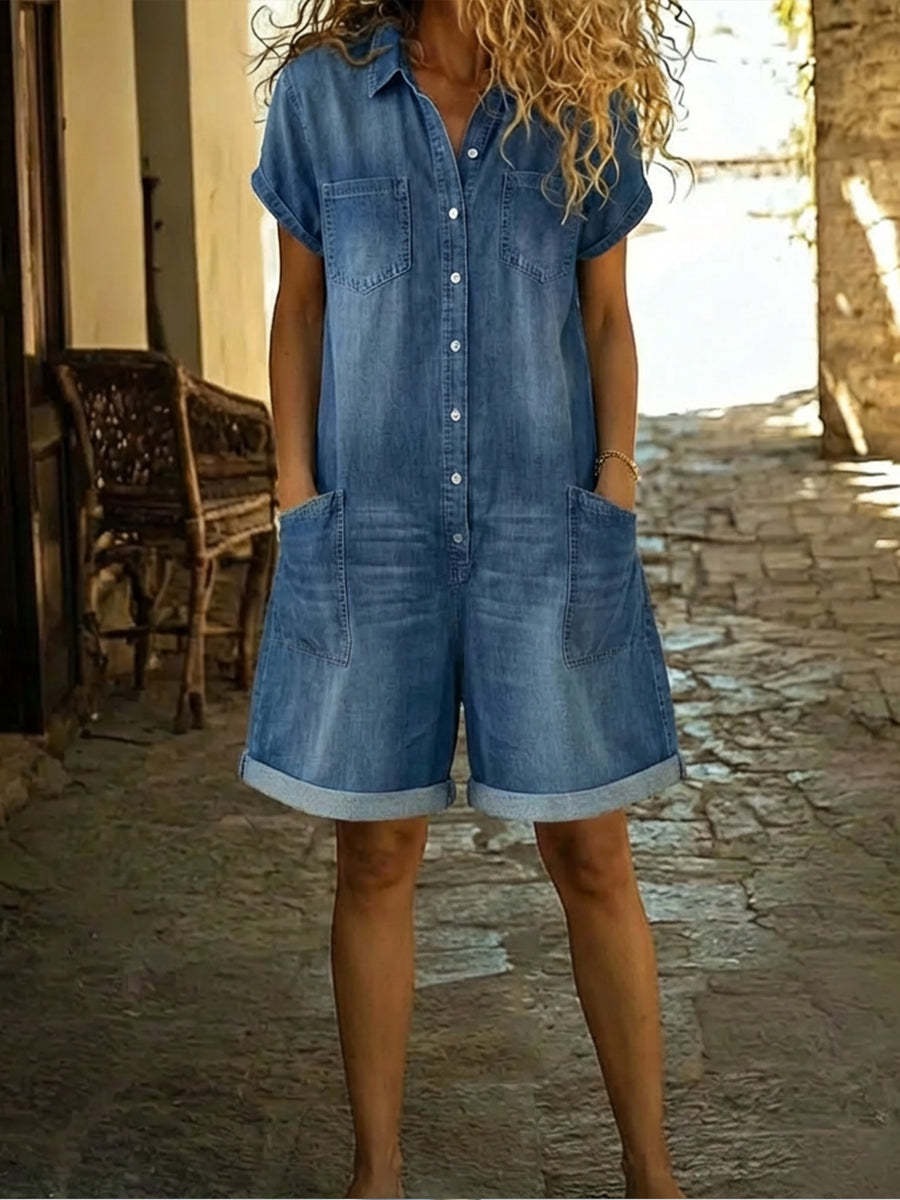 Short Sleeve Multi-Pocket Washed Denim Jumpsuit Shorts