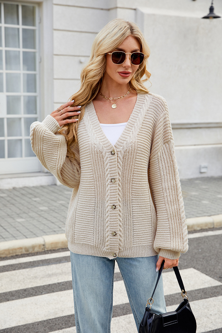 Women's Lazy Style Loose Cable Knit V-Neck Cardigan Sweater