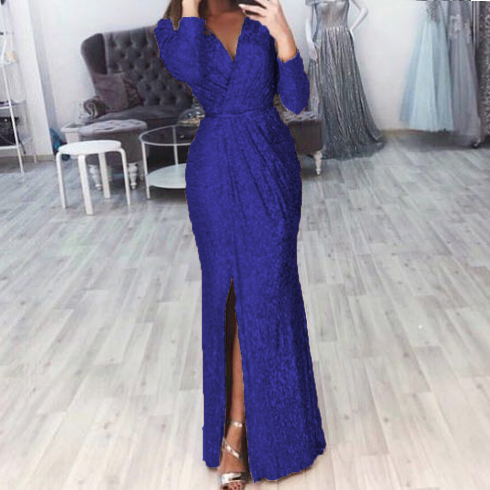 Women's Long Sleeve Deep V-Neck Sequin Evening Dress