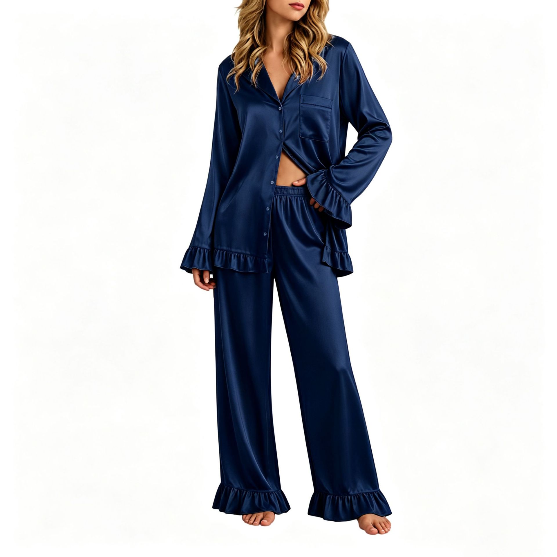 Women's Ruffle Collar Cardigan and Pants Loungewear Set Long Sleeve
