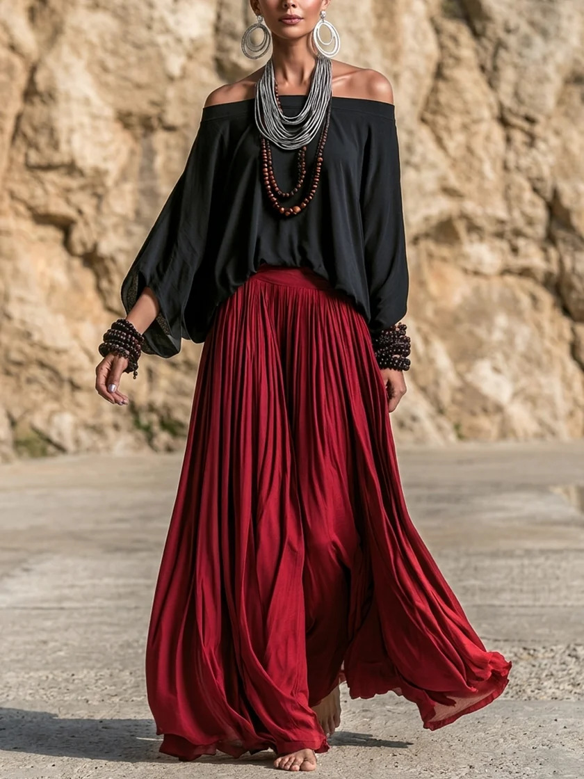 Bohemian Off-Shoulder Top & Wide-Leg Maxi Skirt Two-Piece Set