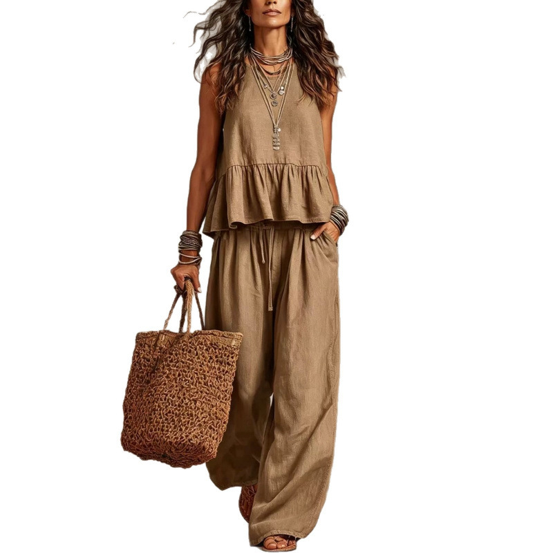 Women's Cotton-Linen Ruffle Sleeveless Wide-Leg Pants Set