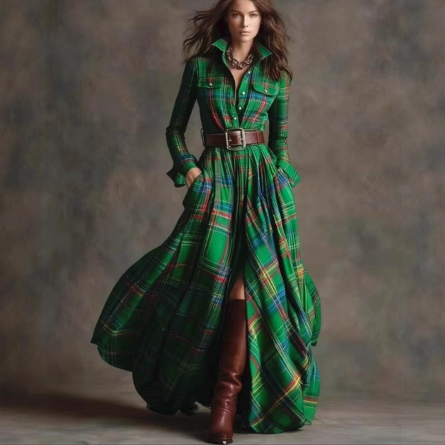 French Vintage Plaid Irregular Shirt Dress with Belt