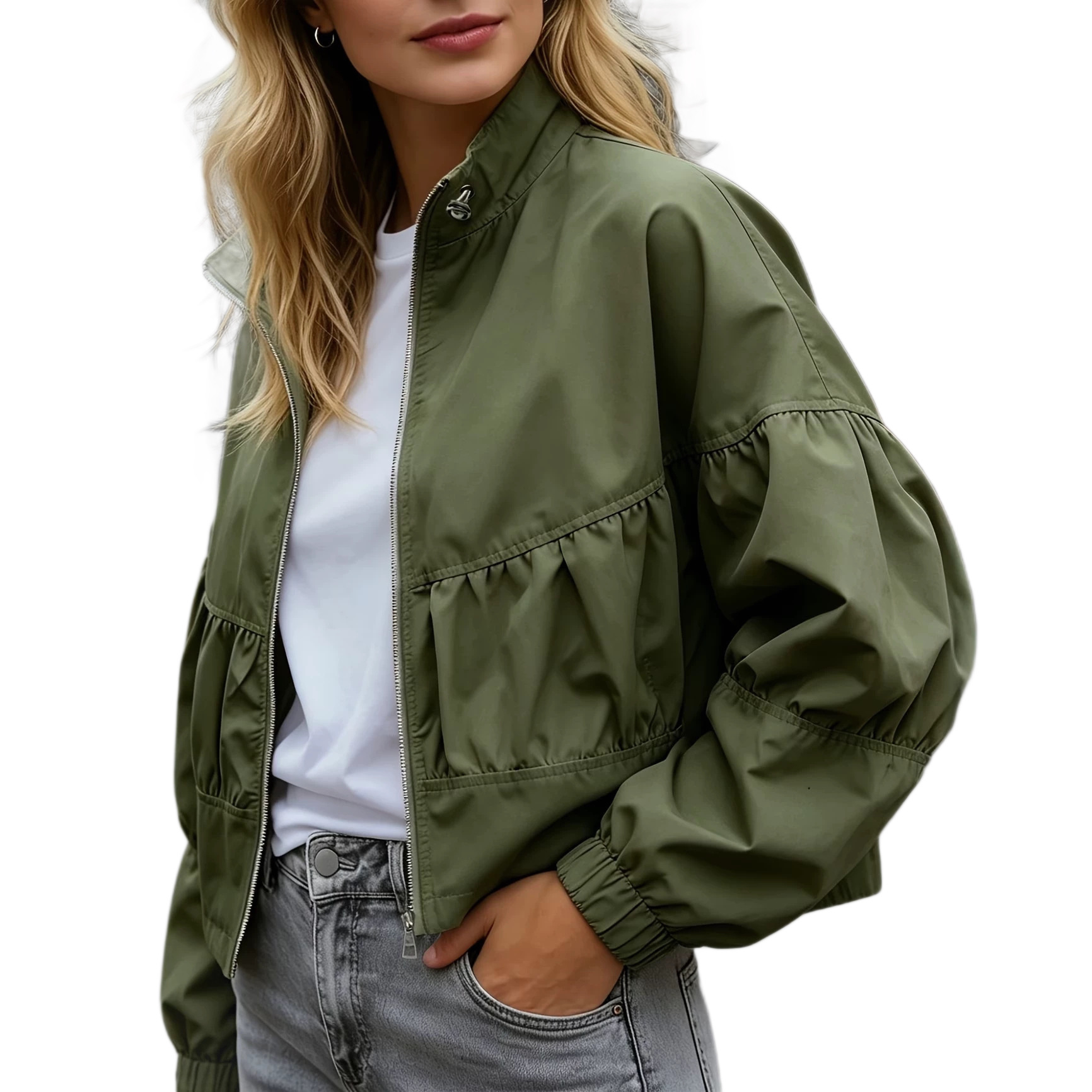 Women's Cropped Utility Jacket with Stand Collar and Lantern Sleeves