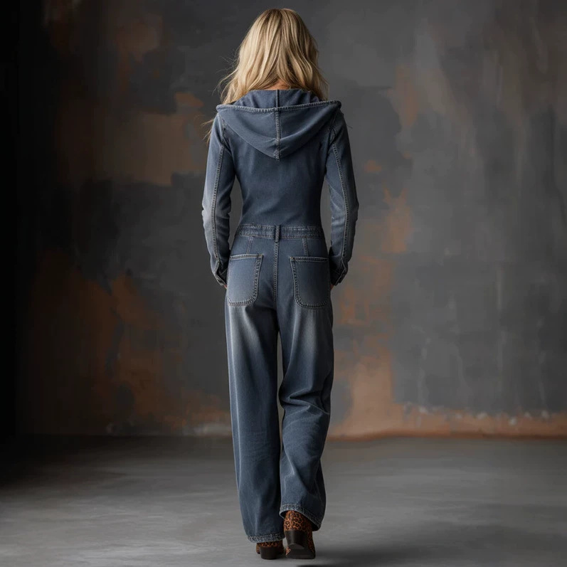 Retro Front Zip Hooded Jumpsuit in Gray Blue