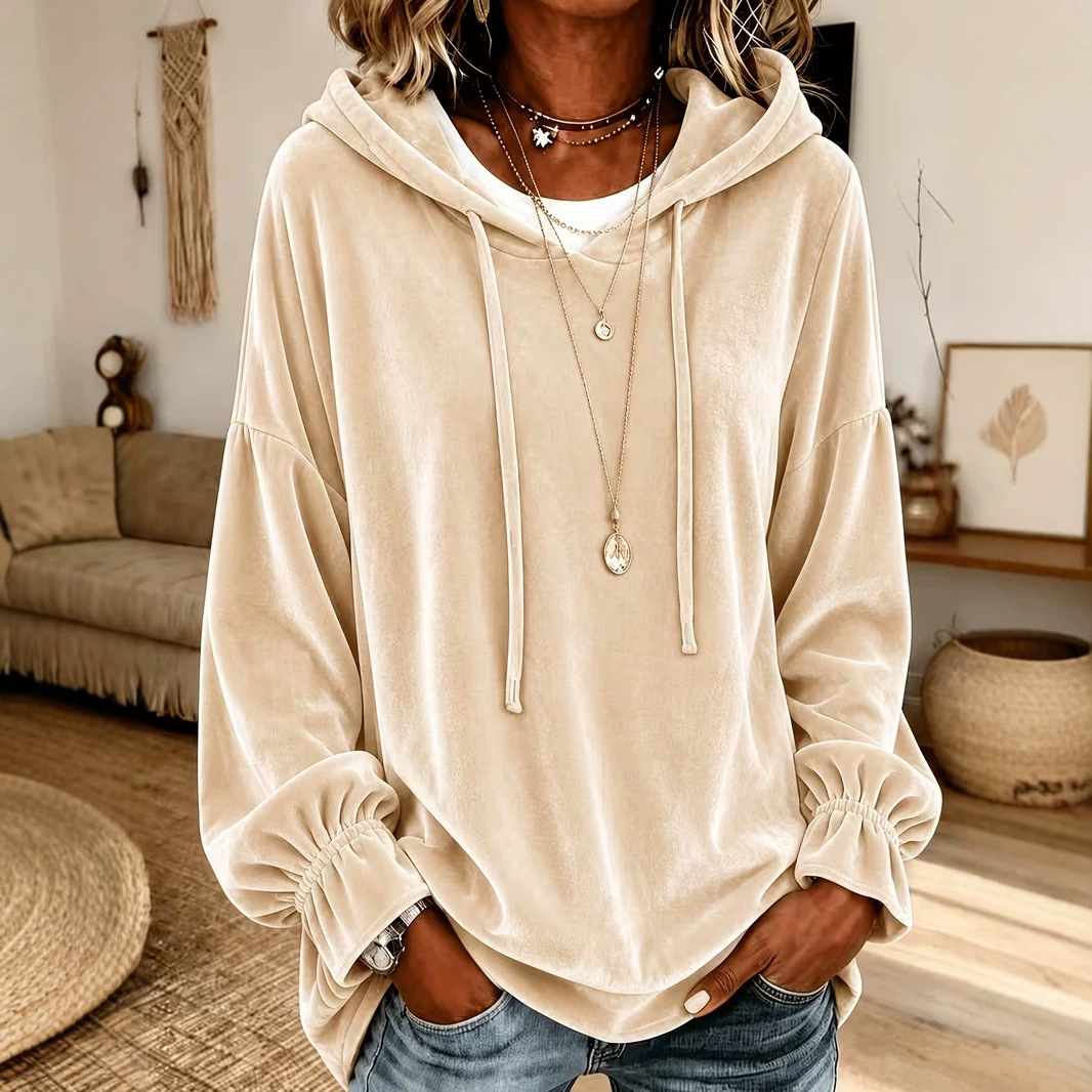 Women's Loose Hooded Velvet Sweatshirt with Drawstring