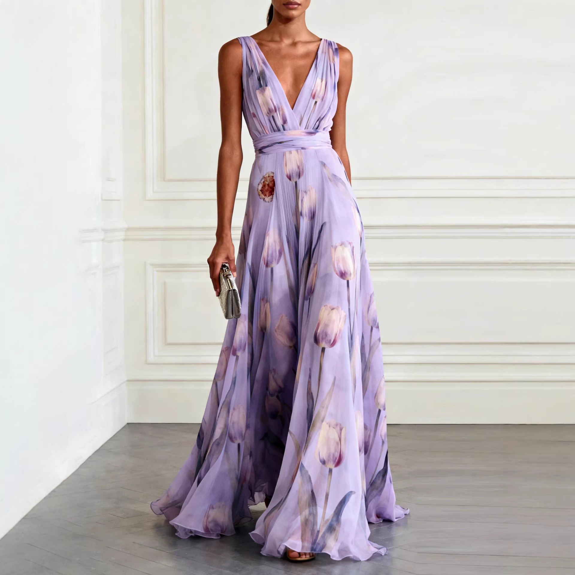 Blue Tulip Print Sleeveless V-Neck Maxi Dress
