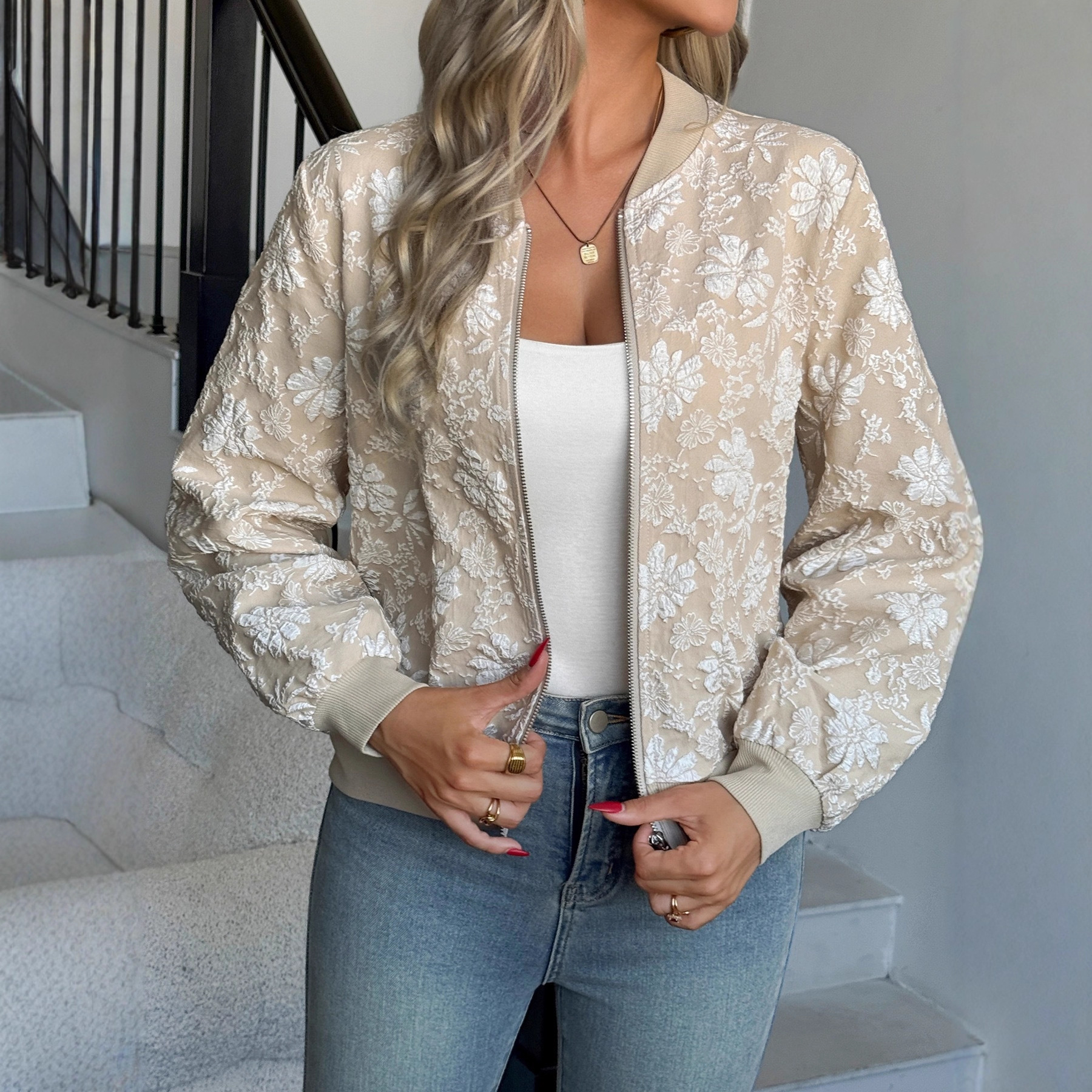 Embroidered Zip-Up Baseball Jacket, Loose Fit Casual Outerwear