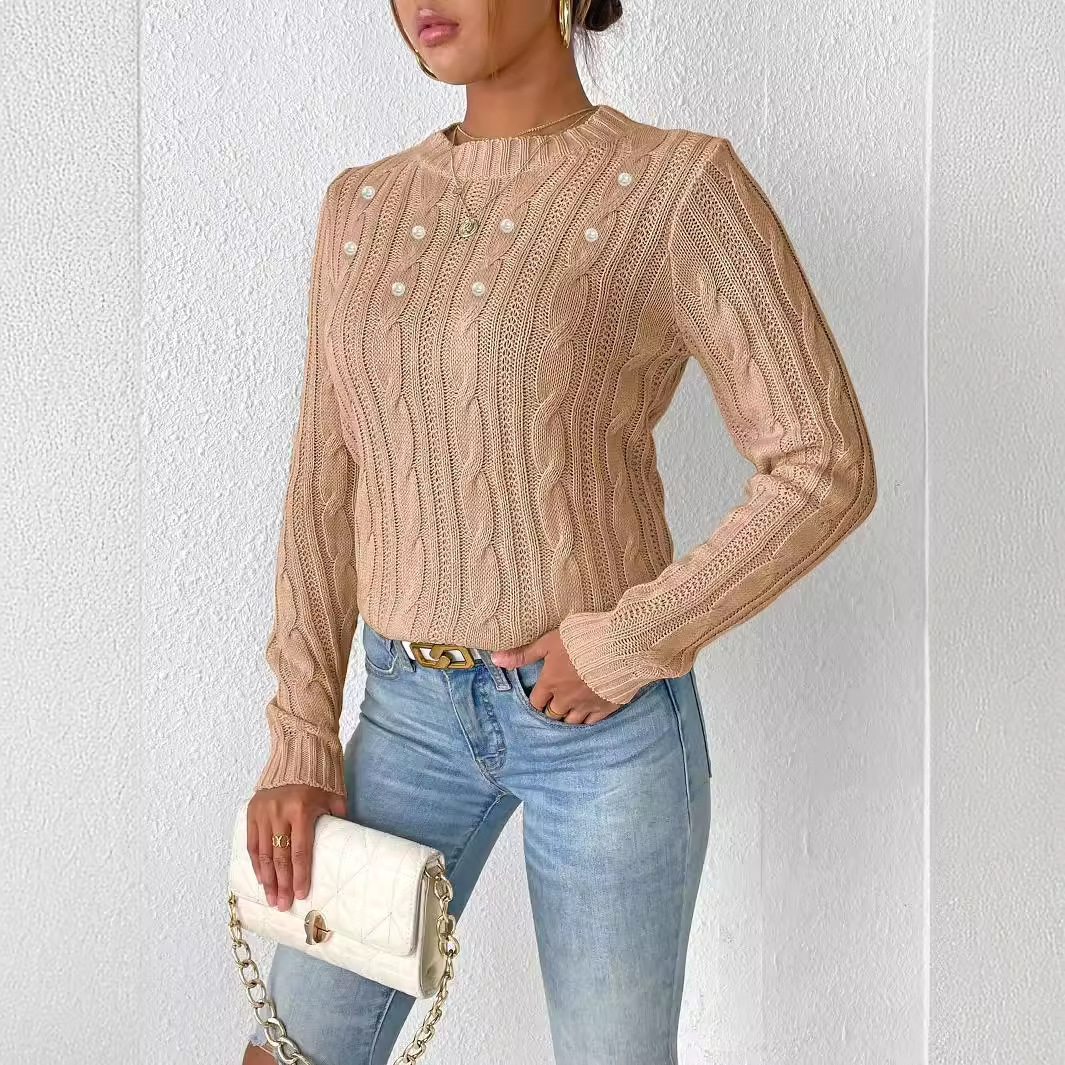 Women's Pearl Beaded Crewneck Knit Pullover Sweater