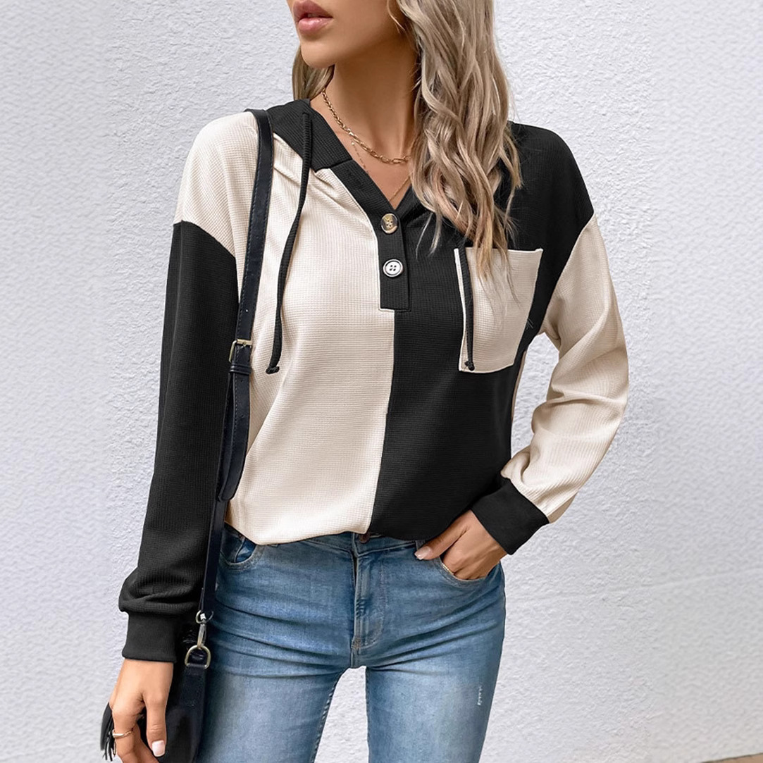 Colorblock Drawstring Drop Shoulder Hooded Sweatshirt