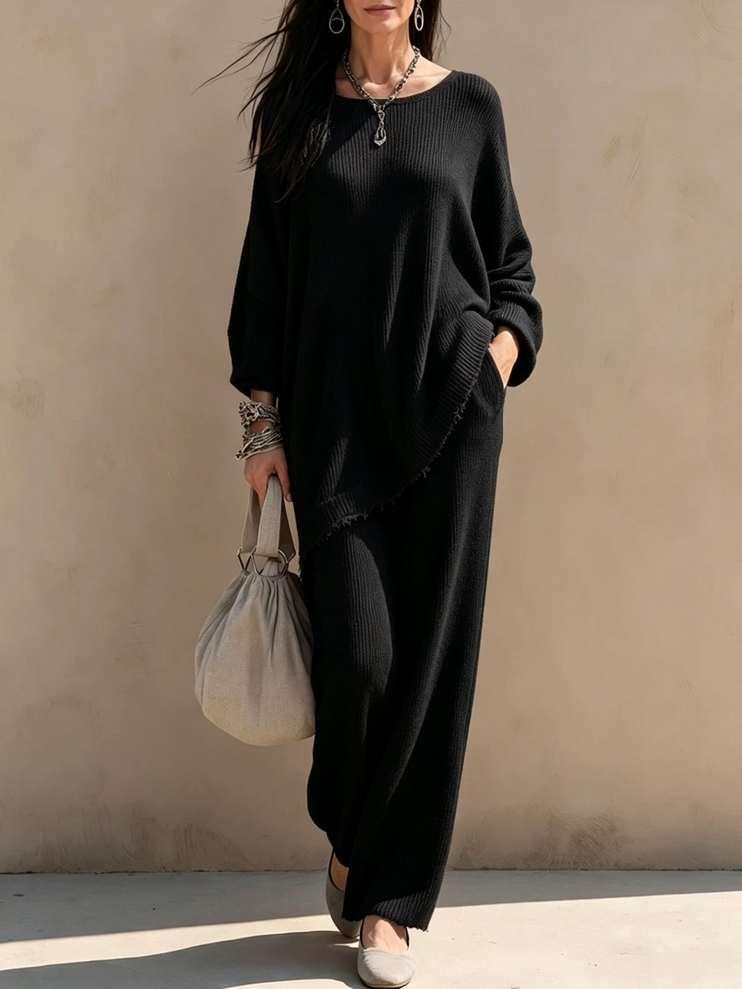 Women's Knit Two-Piece Sweater and High-Waist Midi Skirt Set