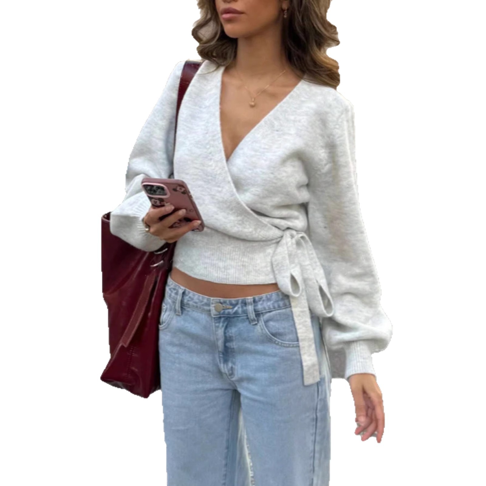 Women's Cross V-Neck Knit Top with Irregular Tie Detail