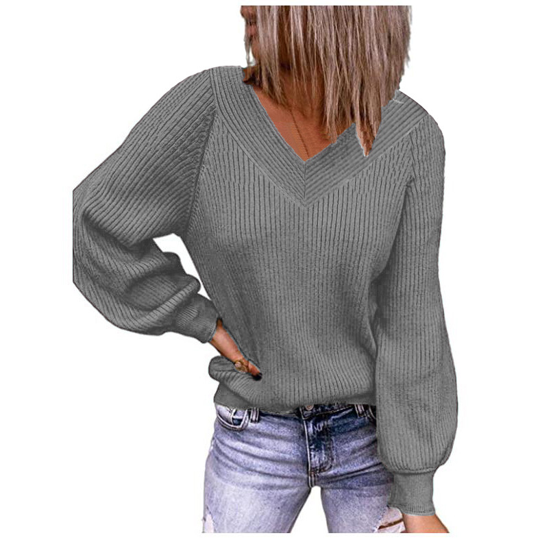 Women's Plus Size Loose V-Neck Solid Knit Pullover Sweater